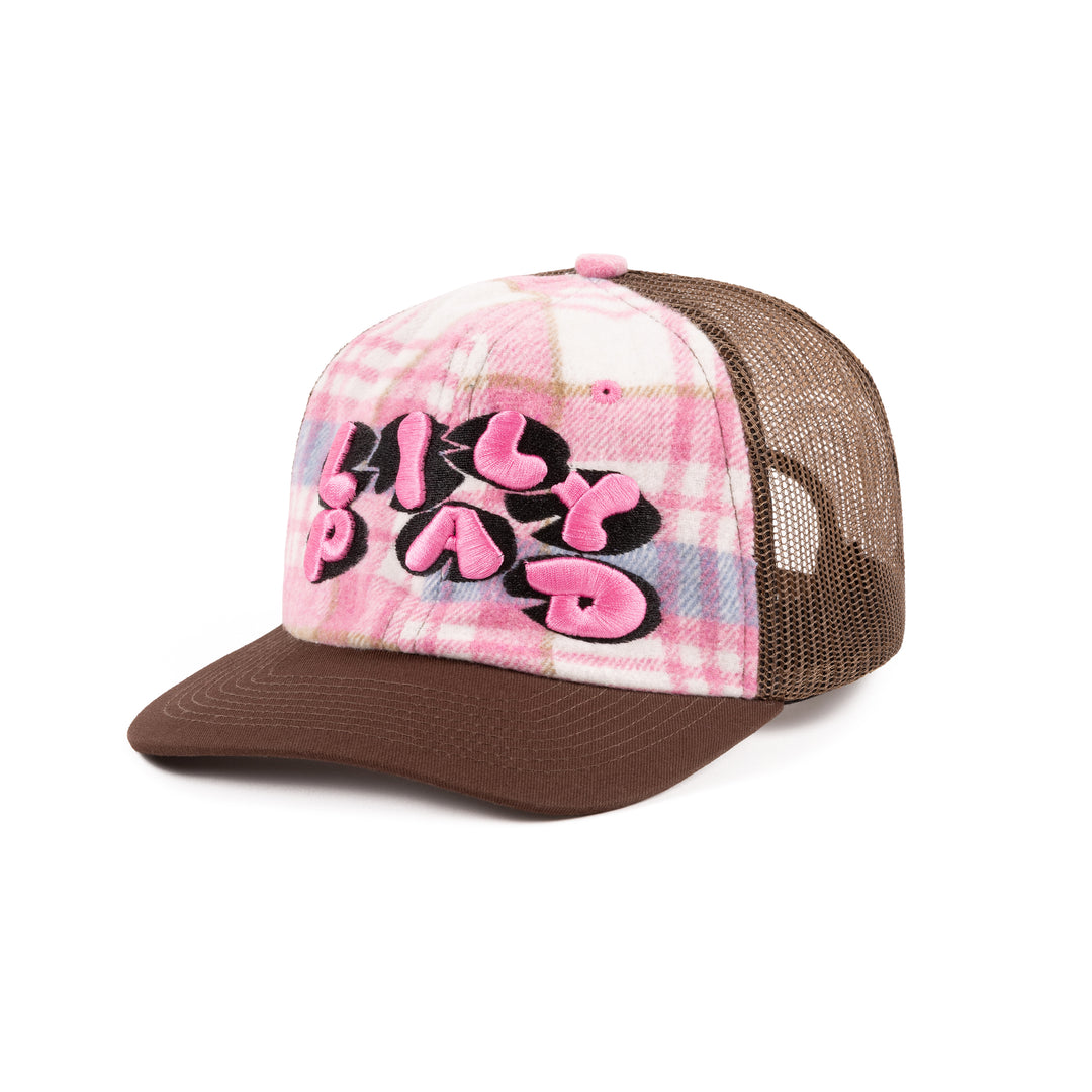 Pink plaid cap with brown brim and 'Lilly Pad' text on a white background