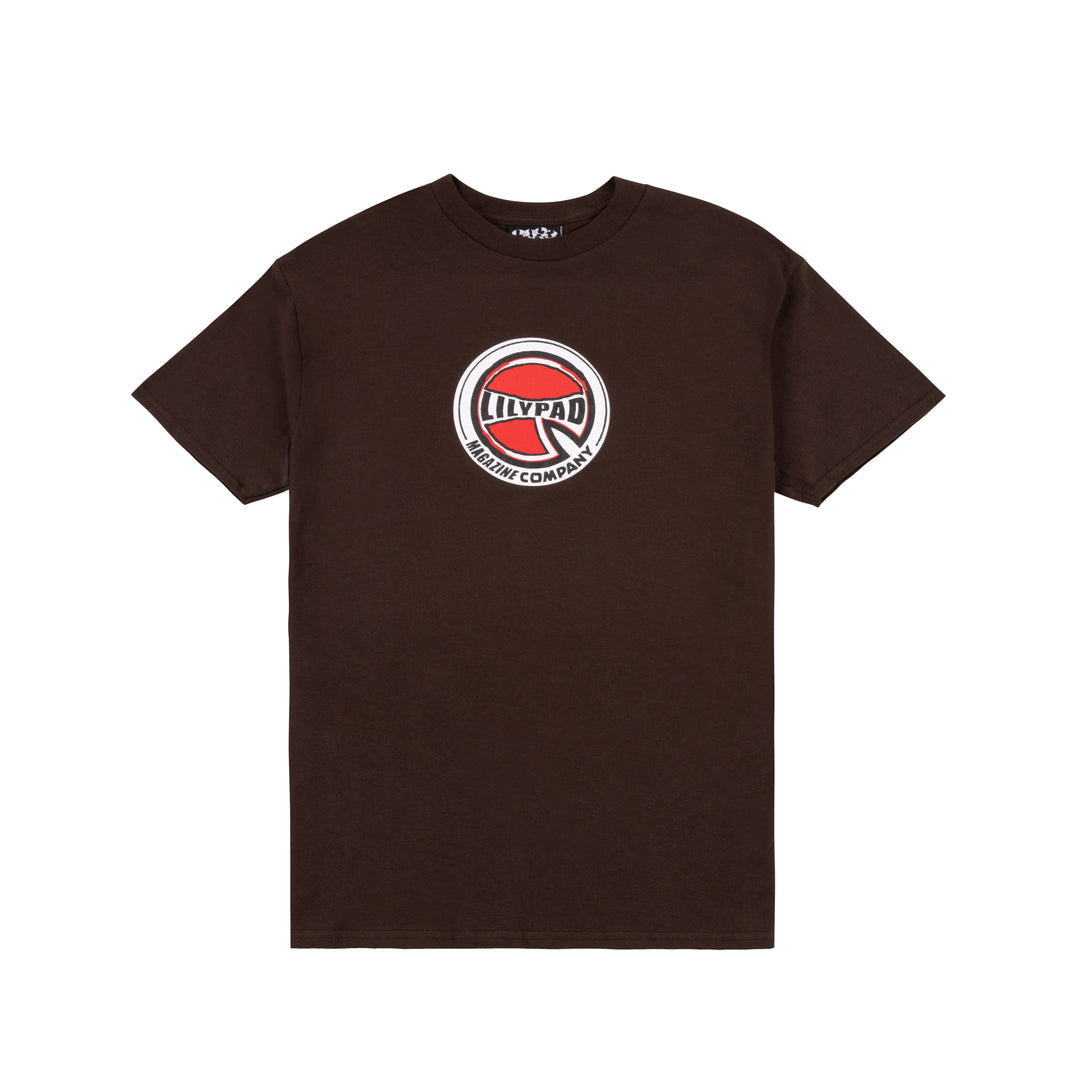 Brown t-shirt with a lily pad logo on a white background
