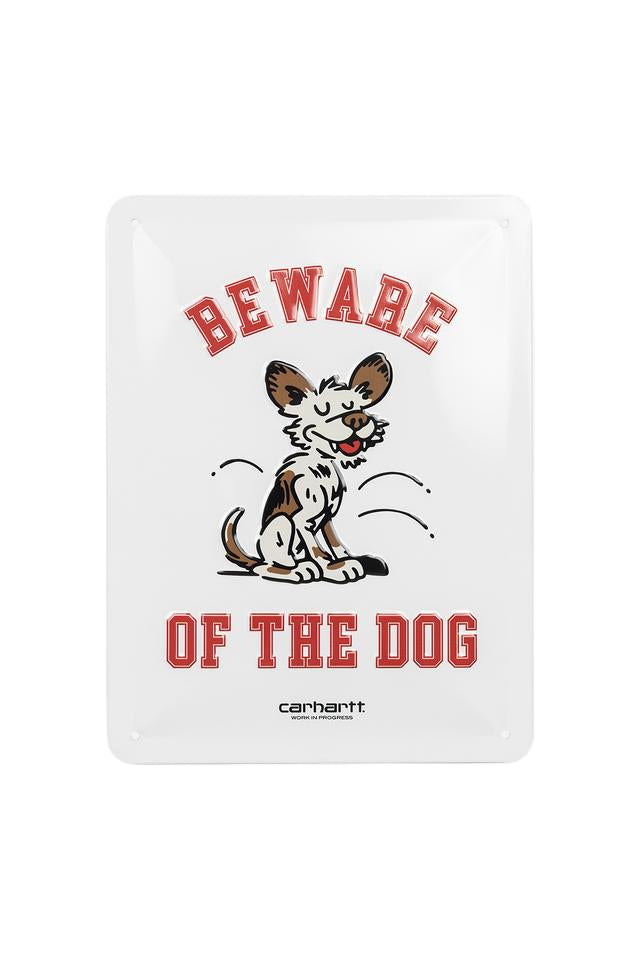 White sign with a graphic of a dog and 'Beware of the Dog' text, brand 'Carhartt' visible.