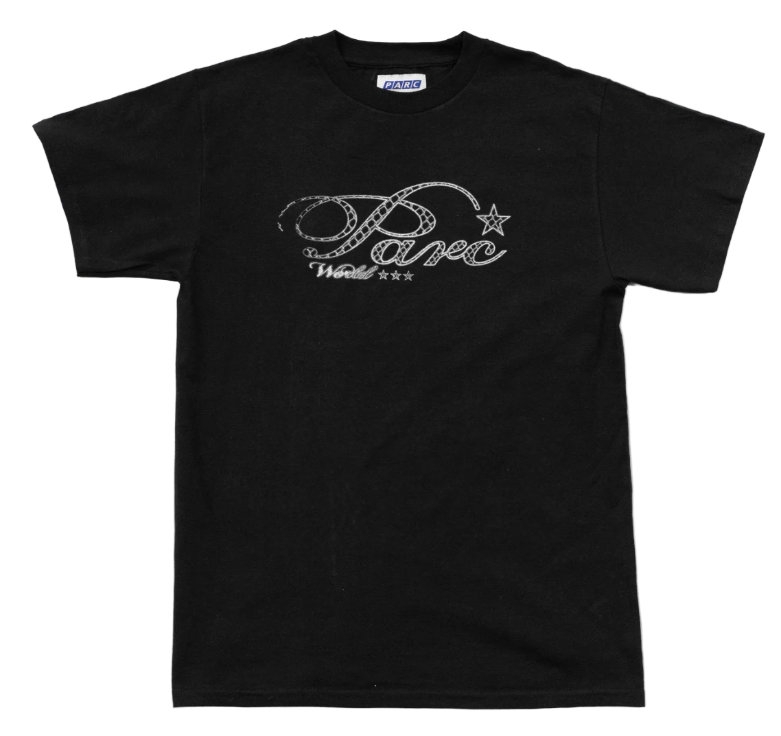 Black t-shirt with white logo on a white background