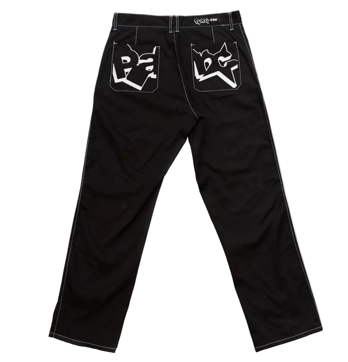 Black pants with white graphic designs on a white background