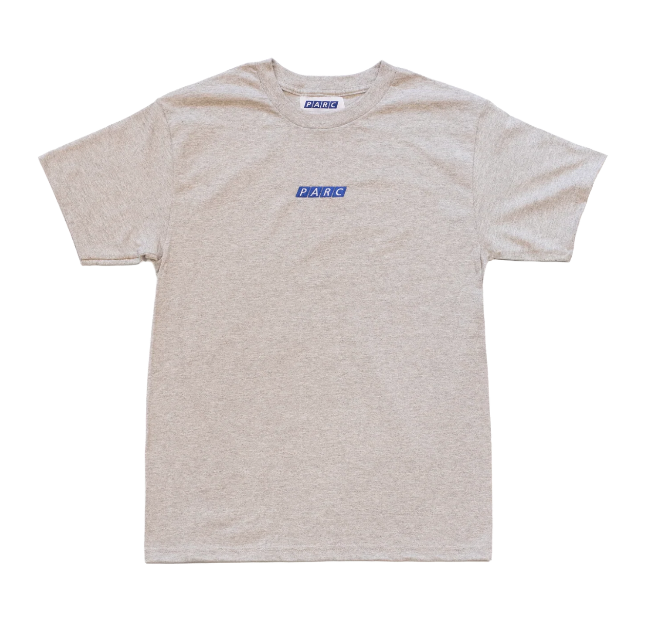 Beige t-shirt with a blue and white logo on a white background