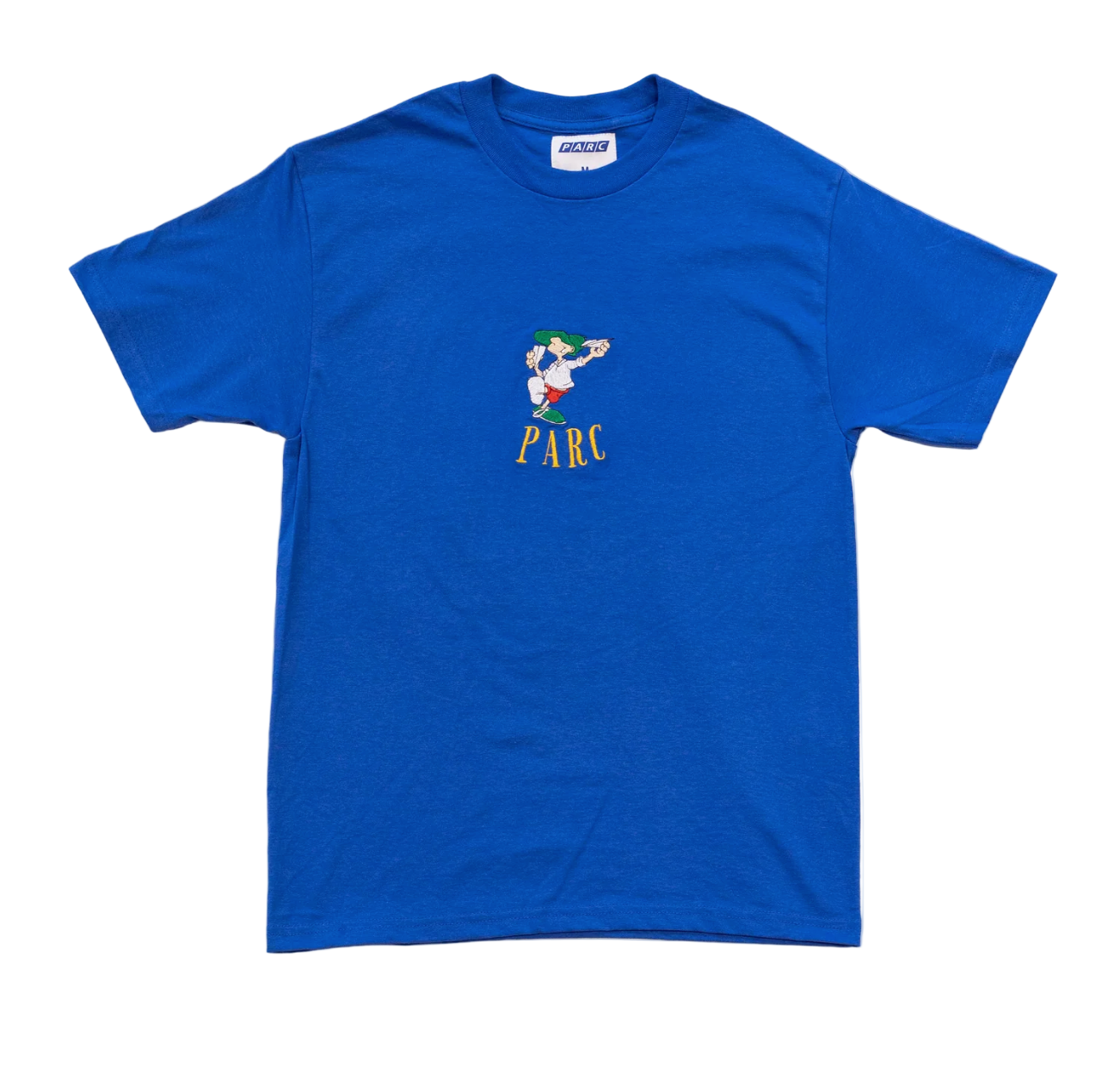 Blue t-shirt with a graphic design and 'PARC' text on a white background