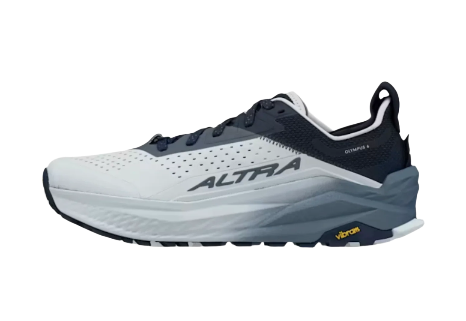White and navy running shoe with 'Altra' branding on a white background