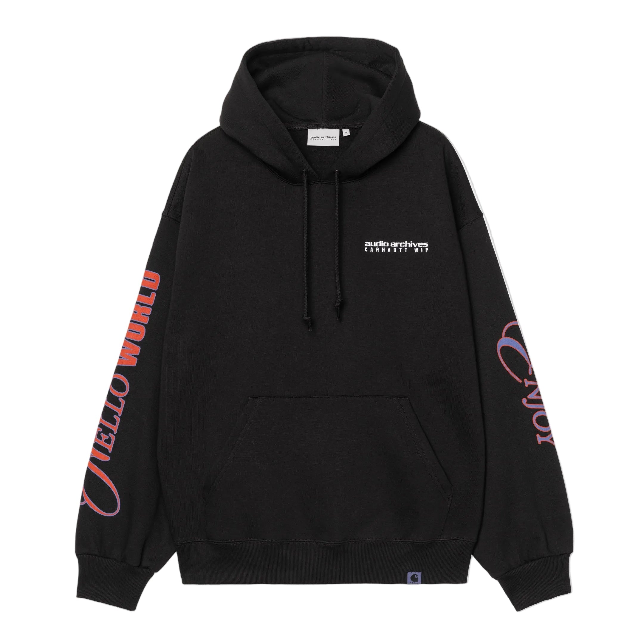 Black Carhartt WIP hoodie with colorful designs on sleeves against a white background