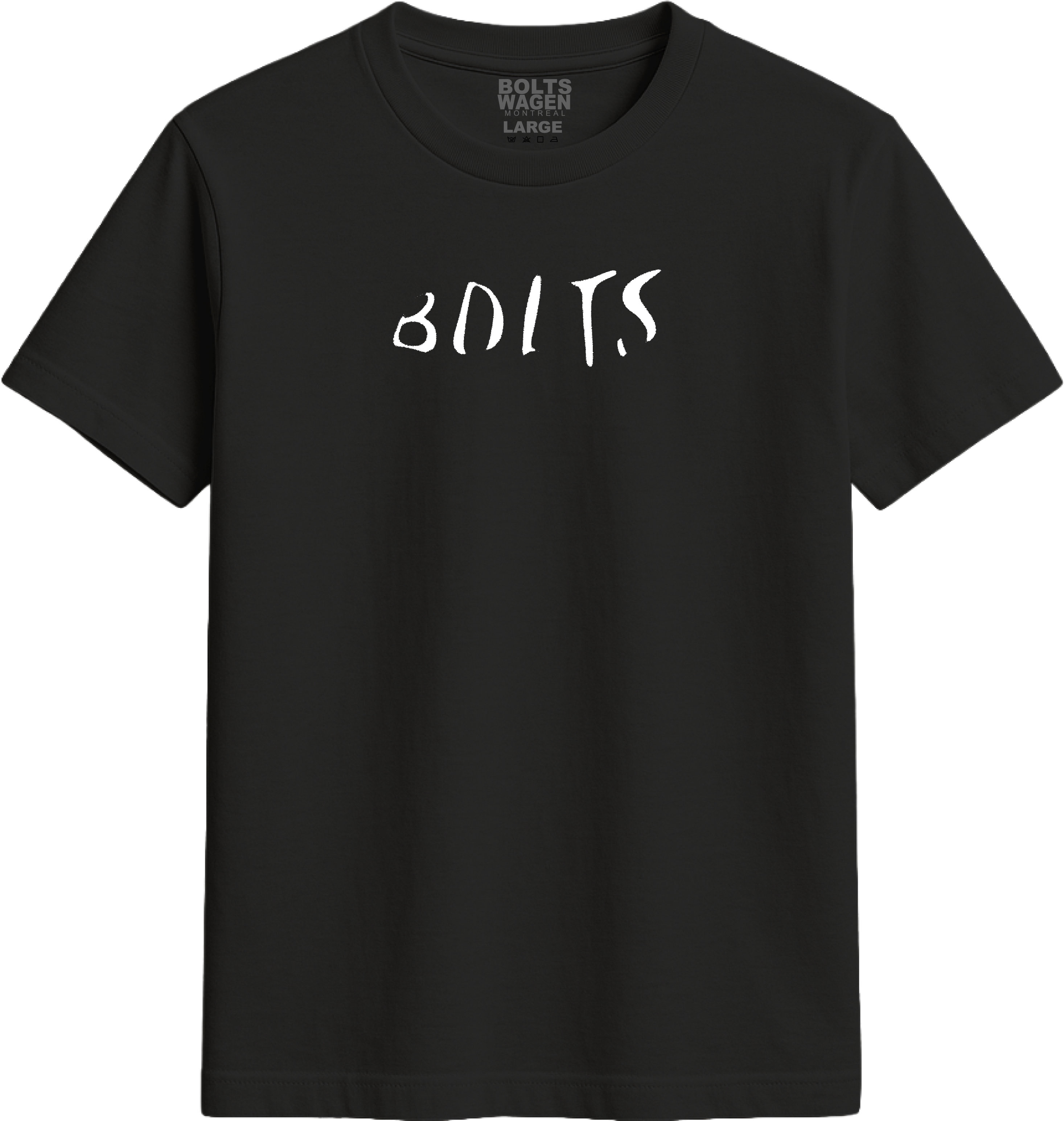 Black t-shirt with 'BOLTS' printed on it against a white background