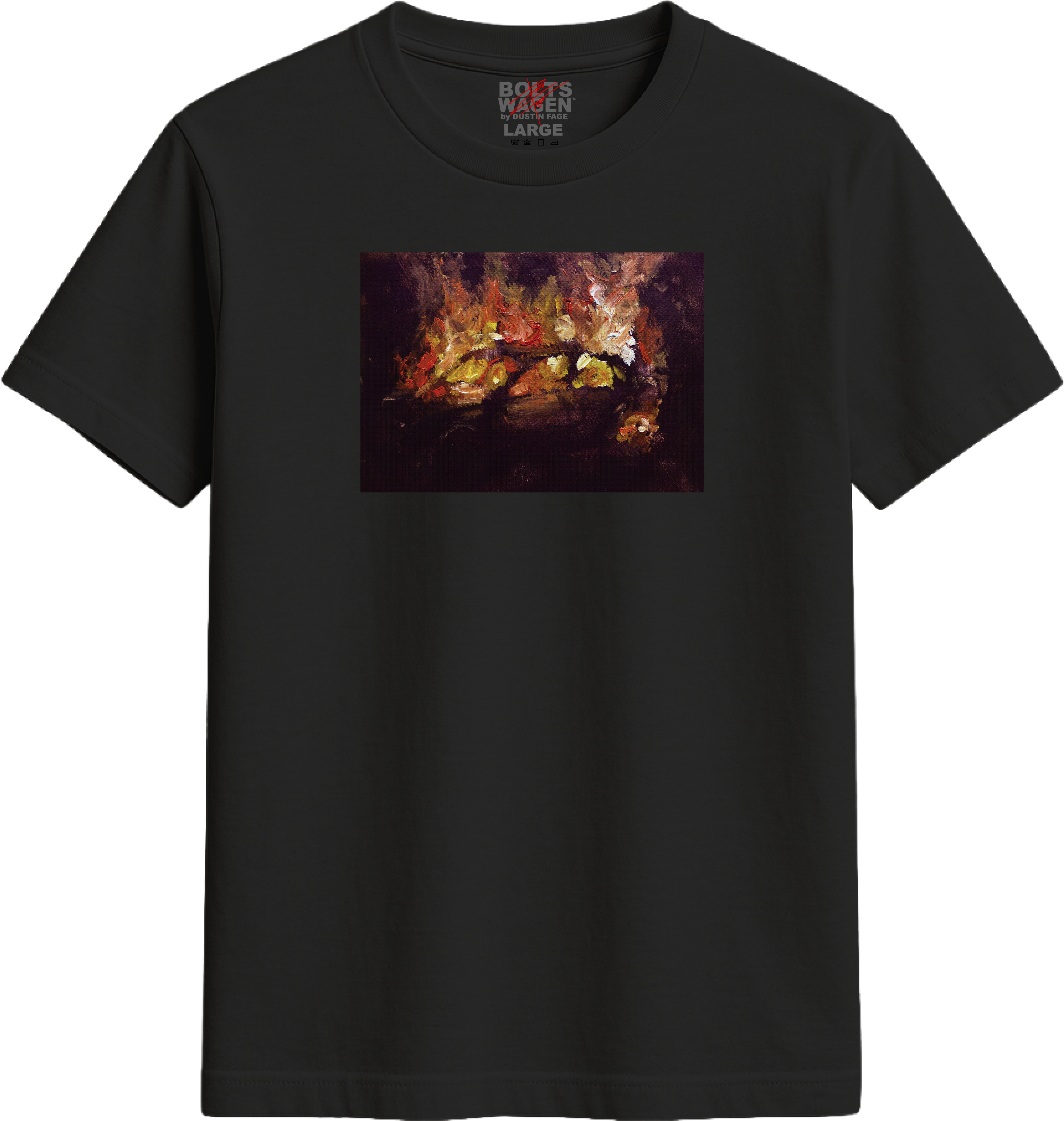 Black t-shirt with a painting of a car and fire on a white background