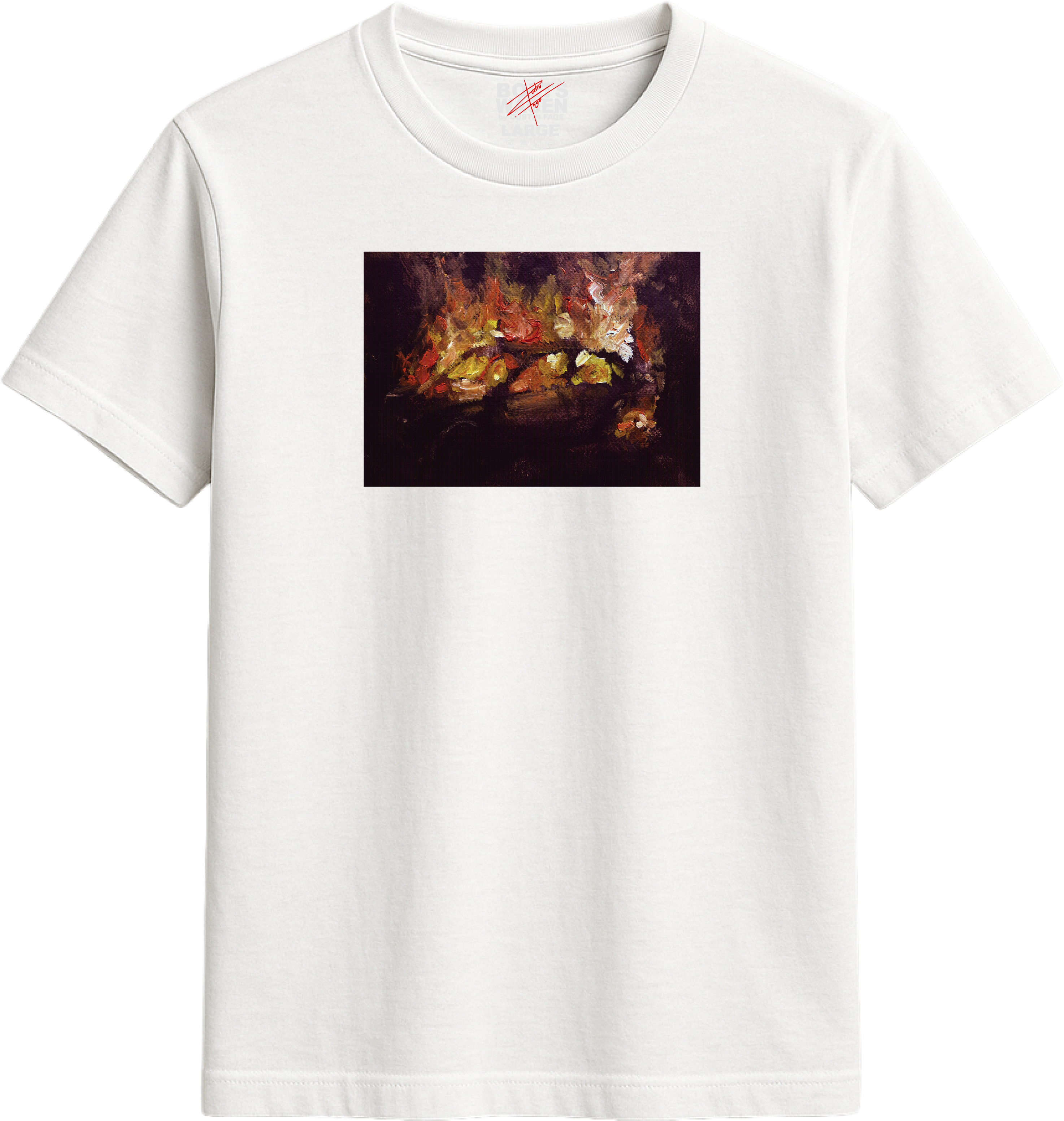 White t-shirt with a graphic of a car and flames on a white background