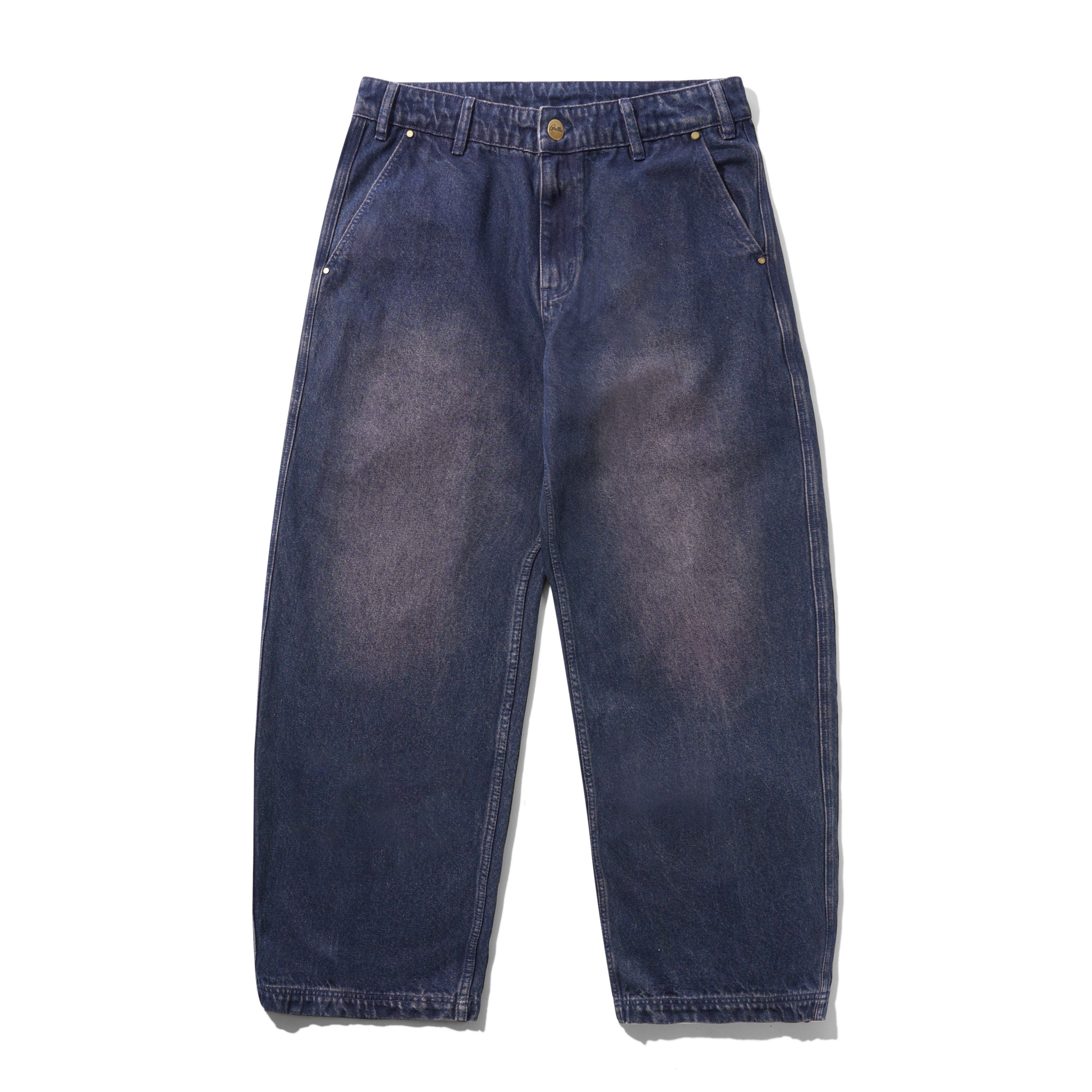 Pair of blue butter goods work jeans on a white background