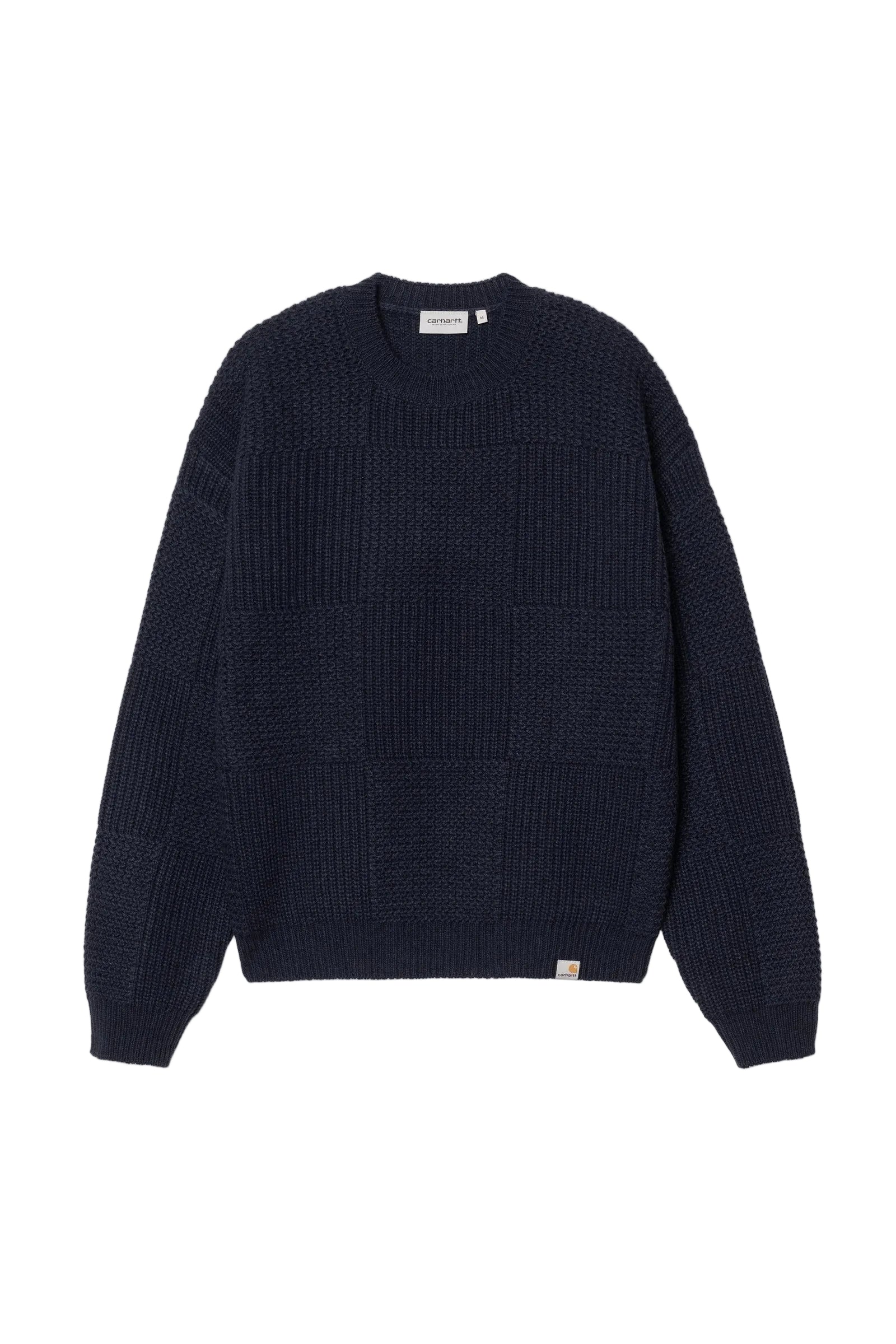 Dark blue carhartt wip knit sweater on a light gray background