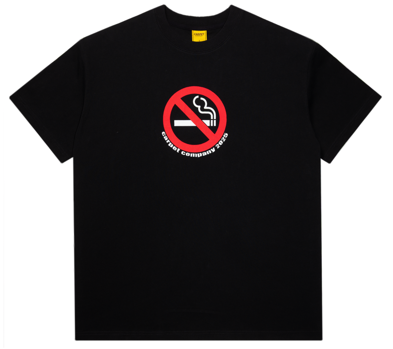 Black t-shirt with a no smoking symbol and text on a white background