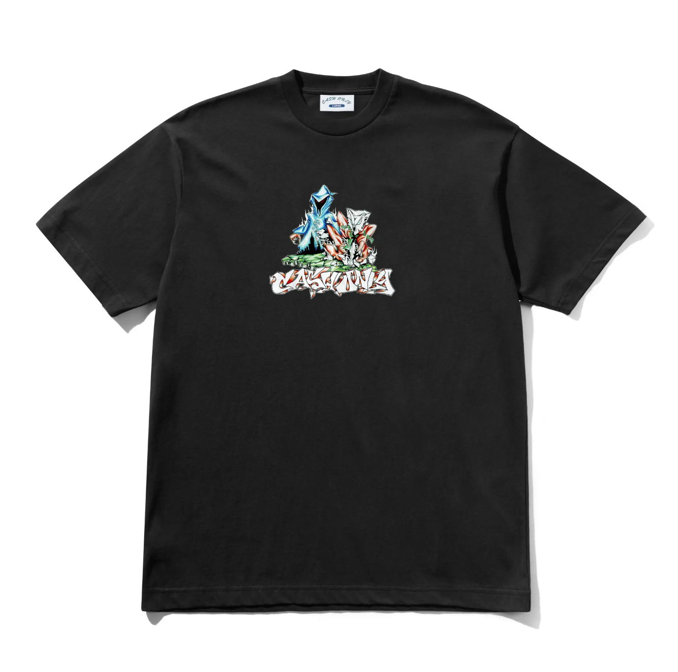 Black t-shirt with colorful graphic design on a white background