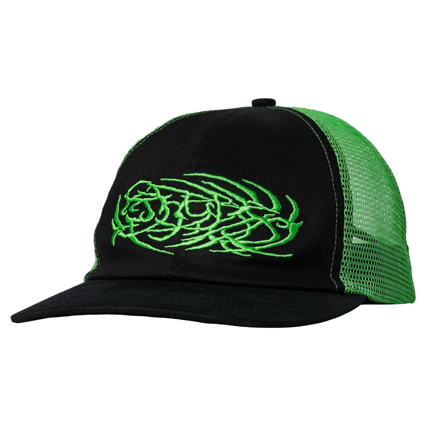 Black and green cap with a green logo on a white background
