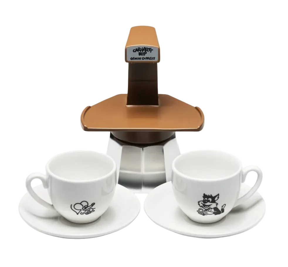 Gemini Express coffee maker with two cups and saucers on a white background