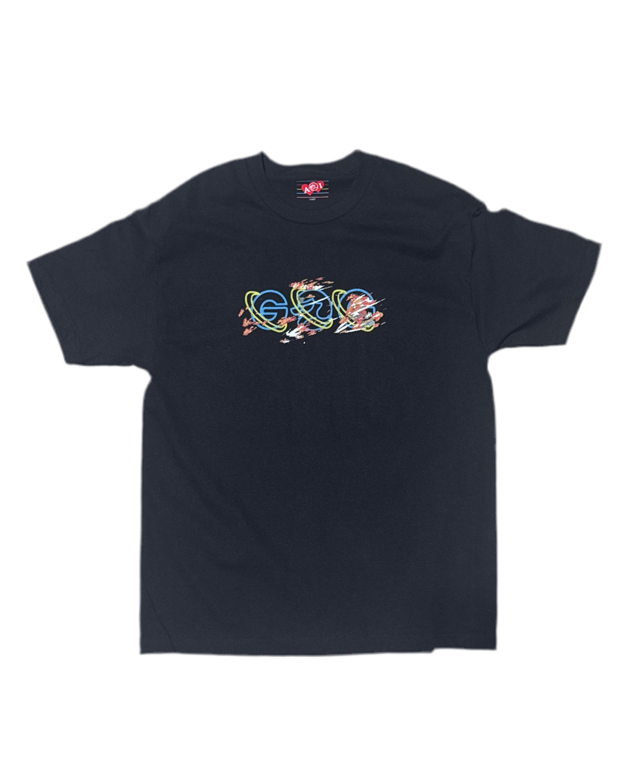 Black T-shirt on white background. T-shirt has a graphic image on the front chest. Image is a play on Google explorer and the classic grip Tony logo 