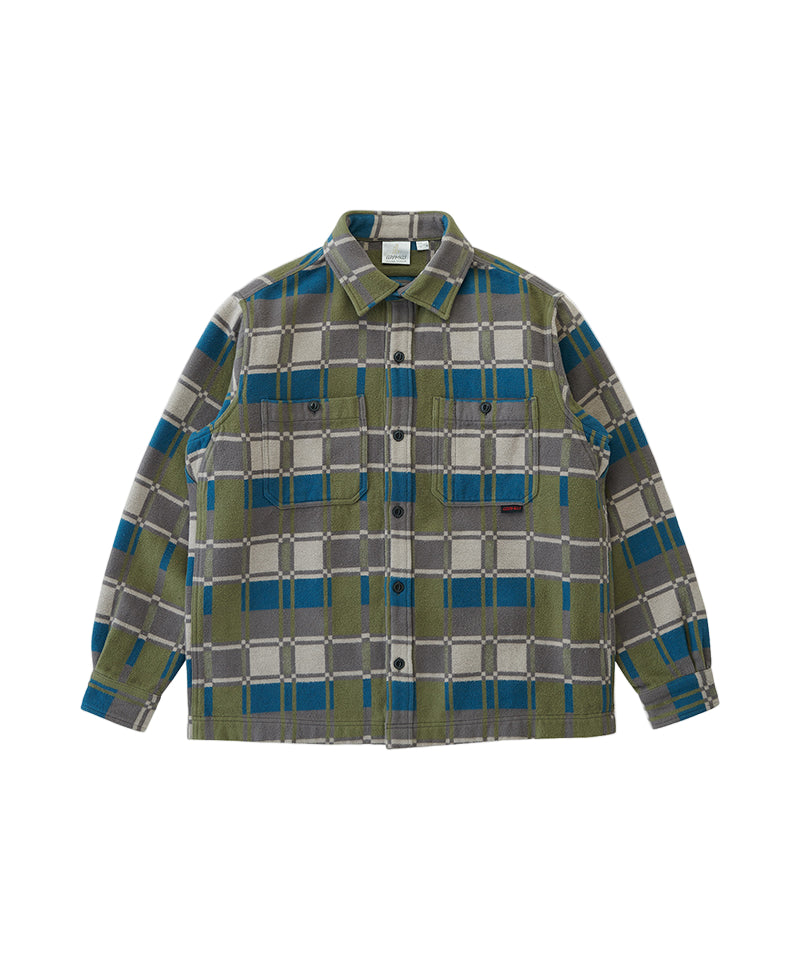 Plaid shirt with green, blue, and gray pattern on a white background