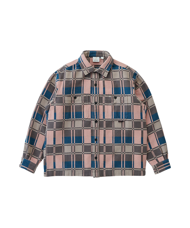 Plaid shirt with pink, blue, and gray pattern on a light gray background