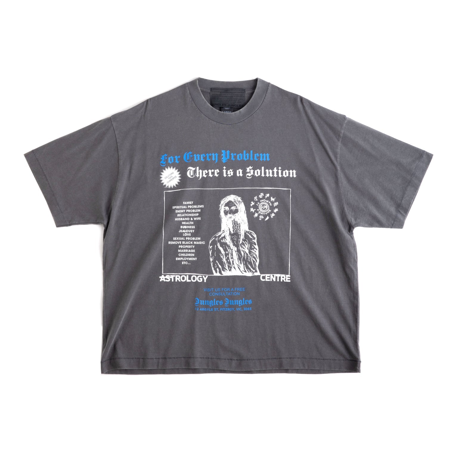 Gray t-shirt with graphic design and text on a white background