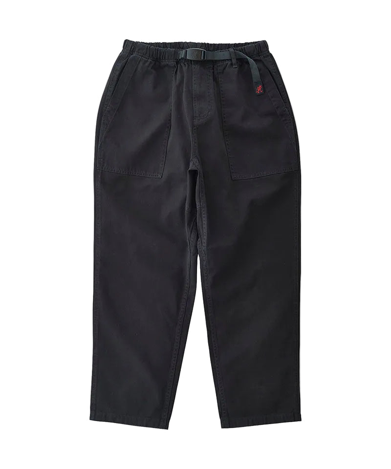 Black wide-leg pants with an elastic waistband, dark drawstring, and a small red embroidered logo on the left side, shown against a light gray background.