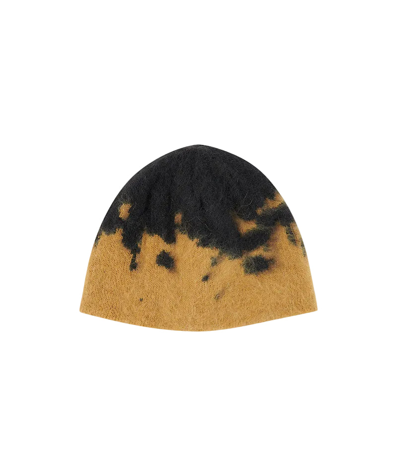 Black and brown tie-dye beanie on a white background
