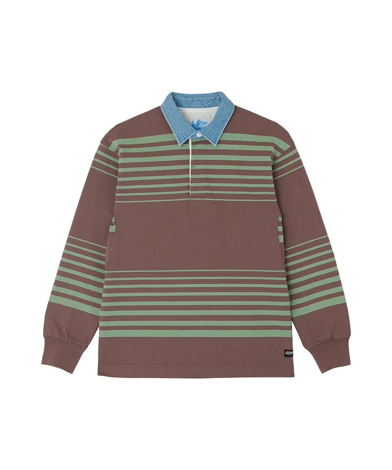 Striped long-sleeve shirt with a blue collar on a white background