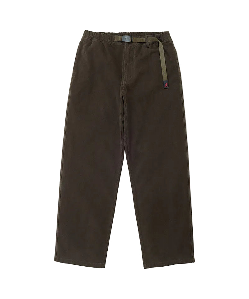 Dark brown corduroy pants with an olive green drawstring belt, shown flat against a light gray background.
