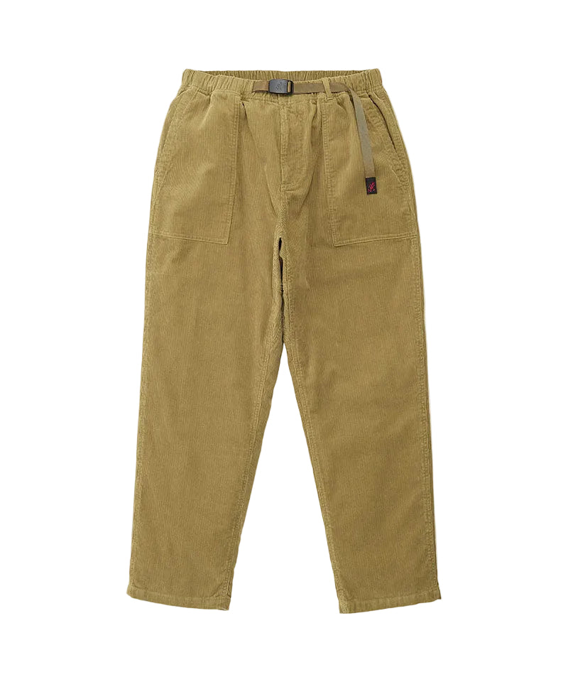 A pair of olive green corduroy trousers with an elastic waistband, drawstring, and front patch pockets, shown flat on a light gray background.