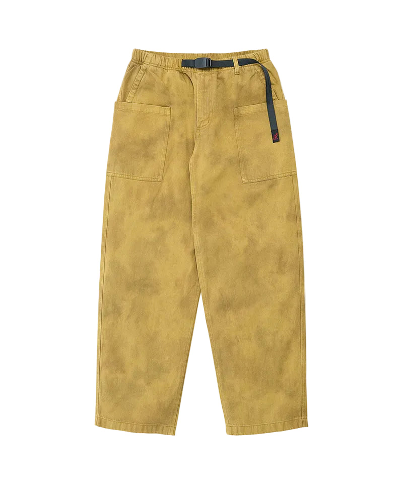 A pair of wide-leg trousers in a washed mustard yellow color, featuring a dark navy belt and a matching belt loop, displayed against a light gray background.