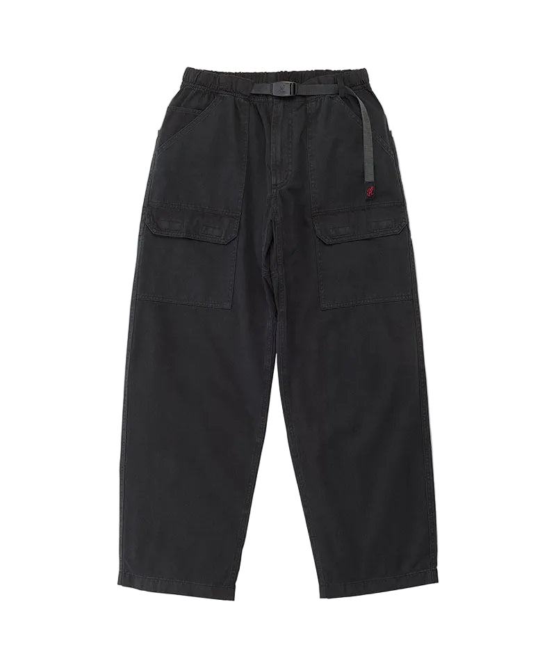 Black cargo pants with an elastic waistband, belt, and flap pockets, shown flat on a light gray background.