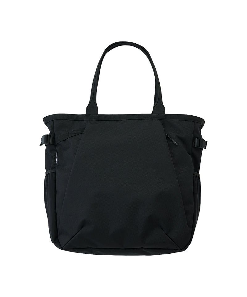 Black tote bag on a light gray background