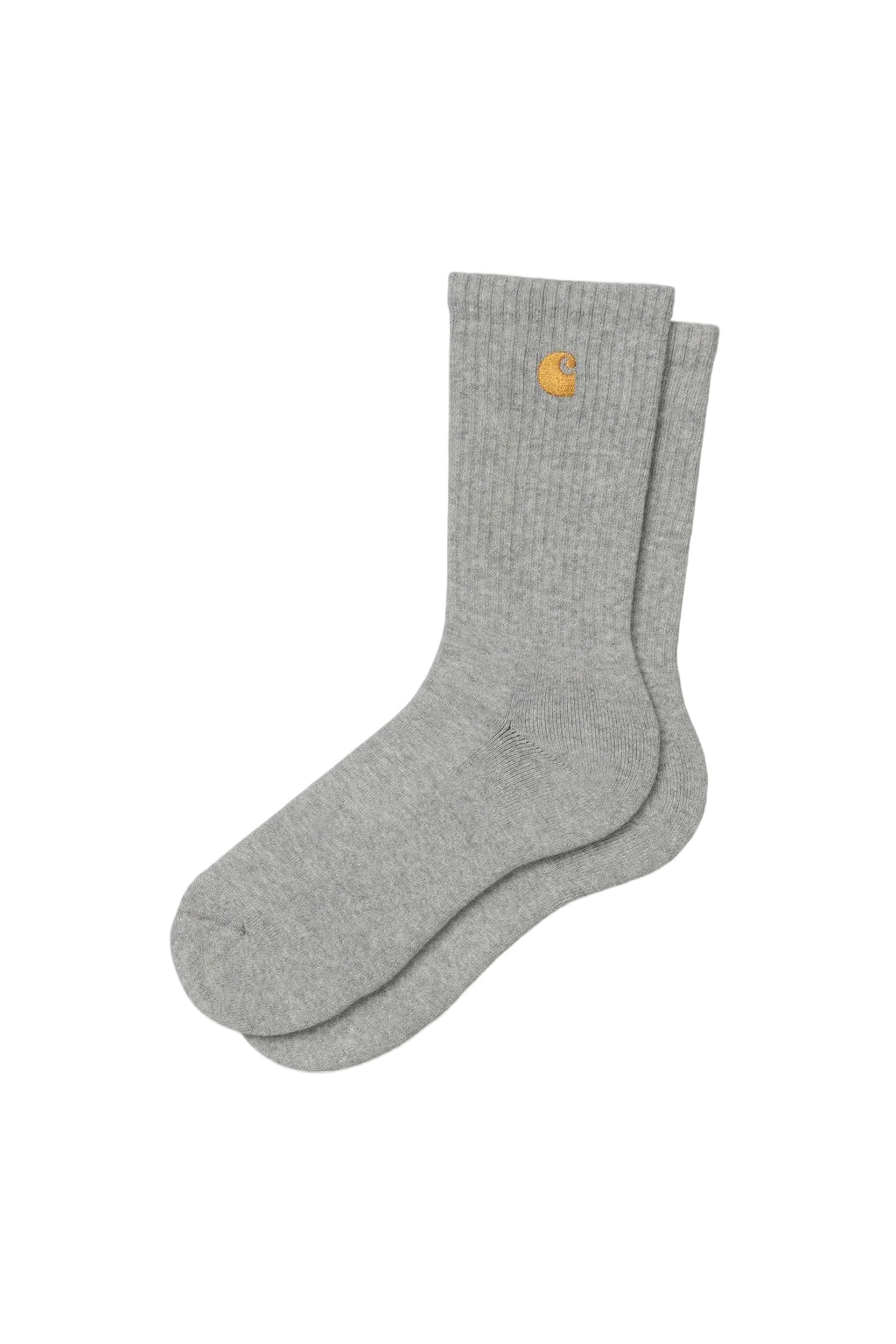 Pair of gray socks with a small Carhartt logo on a white background