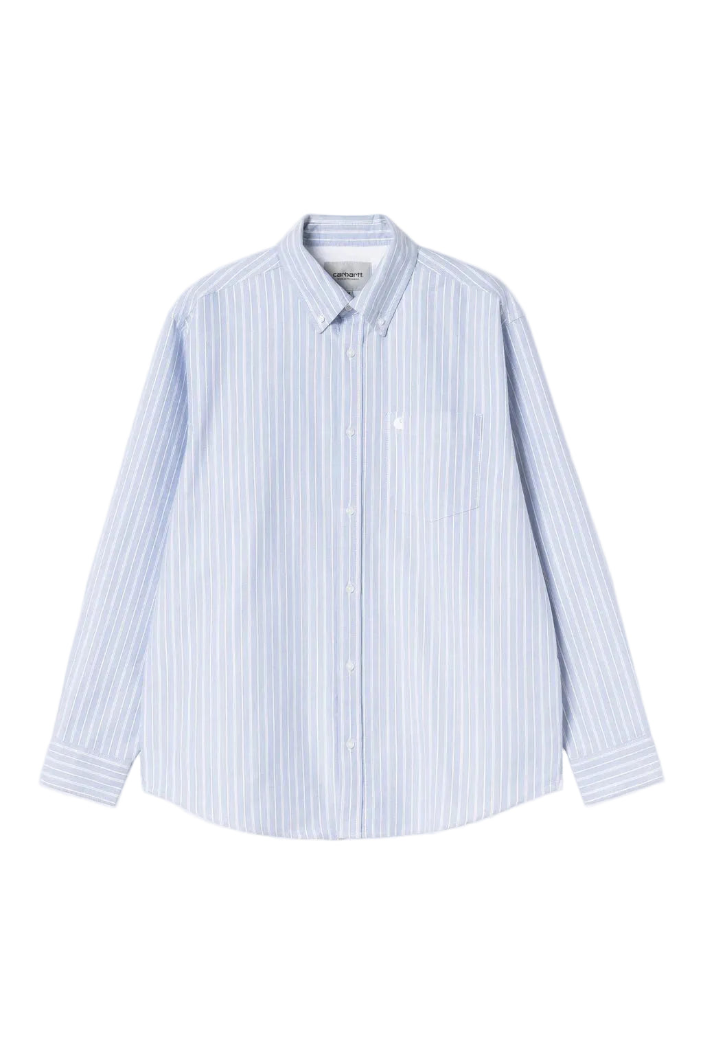 A light blue and white vertically striped long-sleeve button-down shirt with a small embroidered polo player logo on the left chest, displayed on a clean white background.