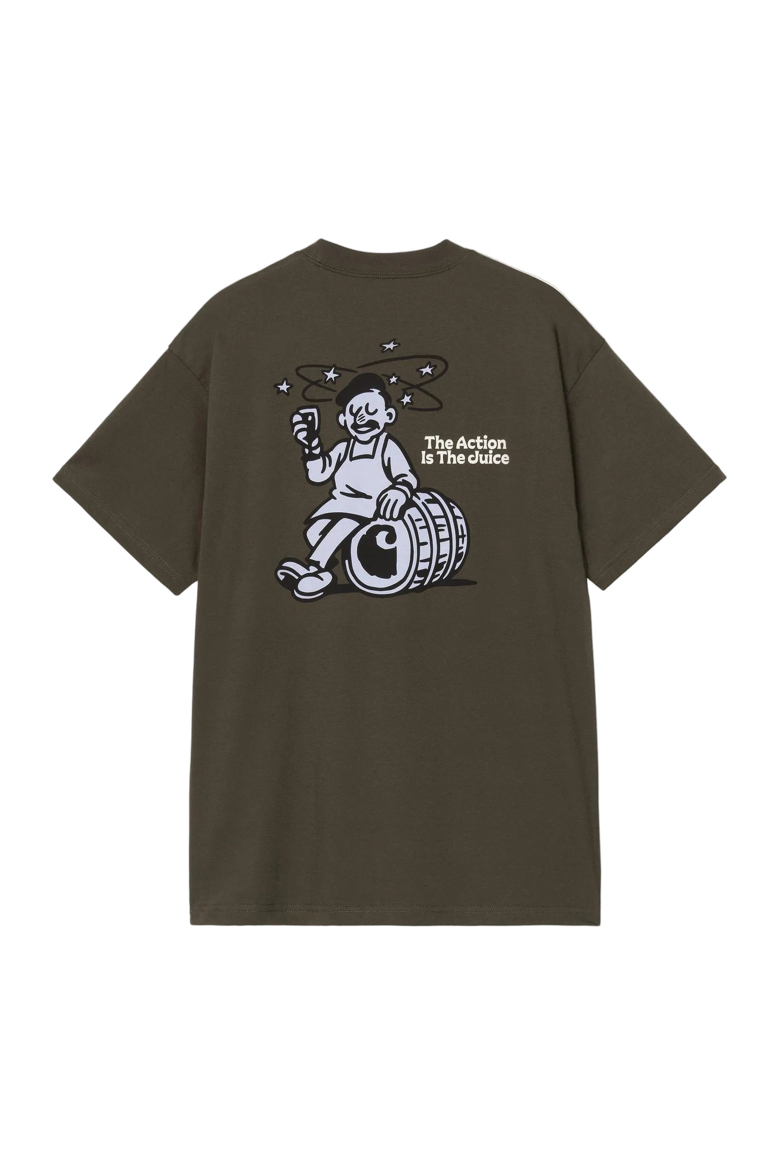 An oversized short-sleeve t-shirt in dark olive brown, featuring a black and white graphic print of a cartoon character riding a barrel with the text 'The Action is The Motion' on the front, displayed against a light gray background.