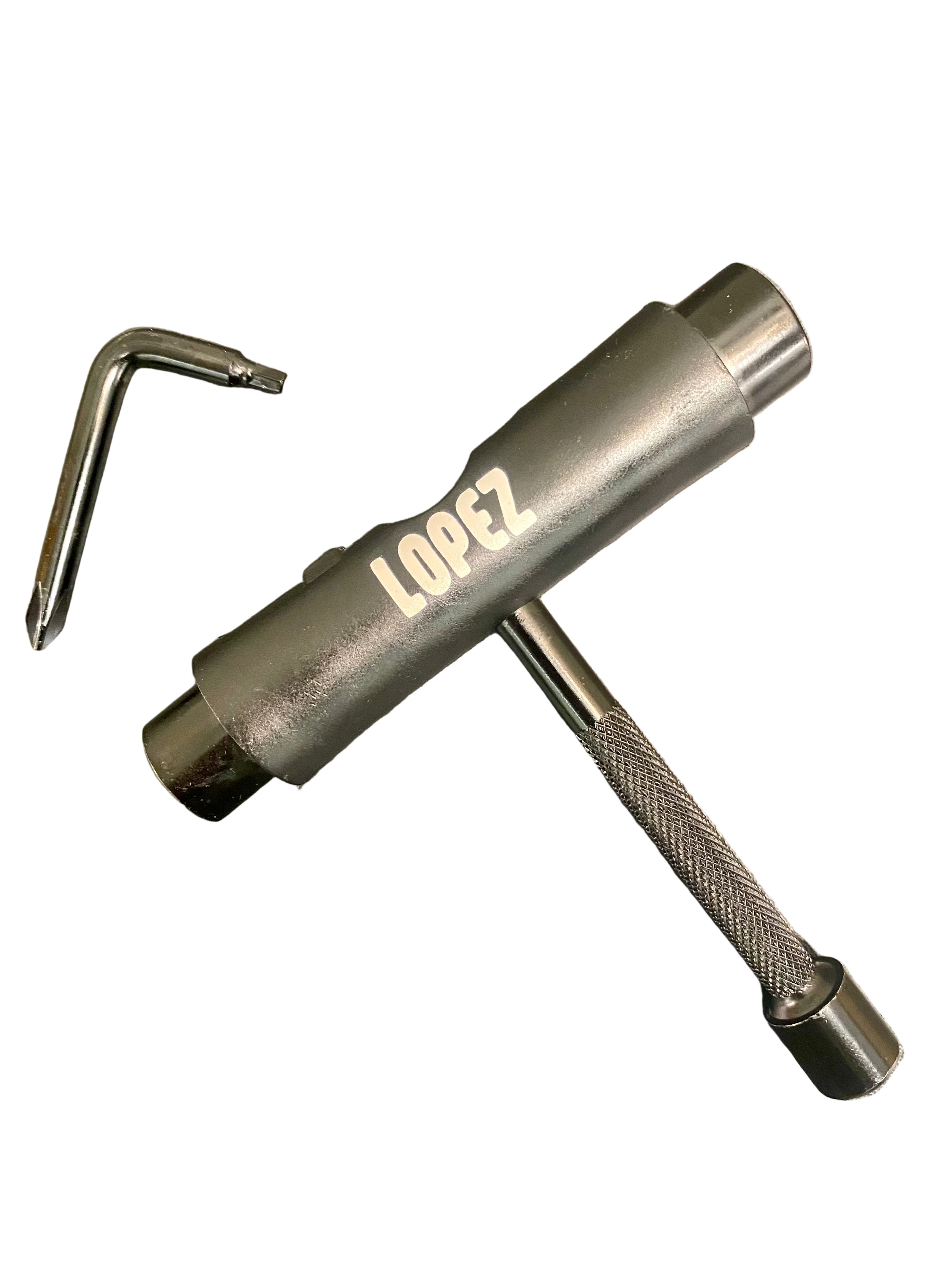 Metal tool with 'LOPEZ' branding on a textured surface