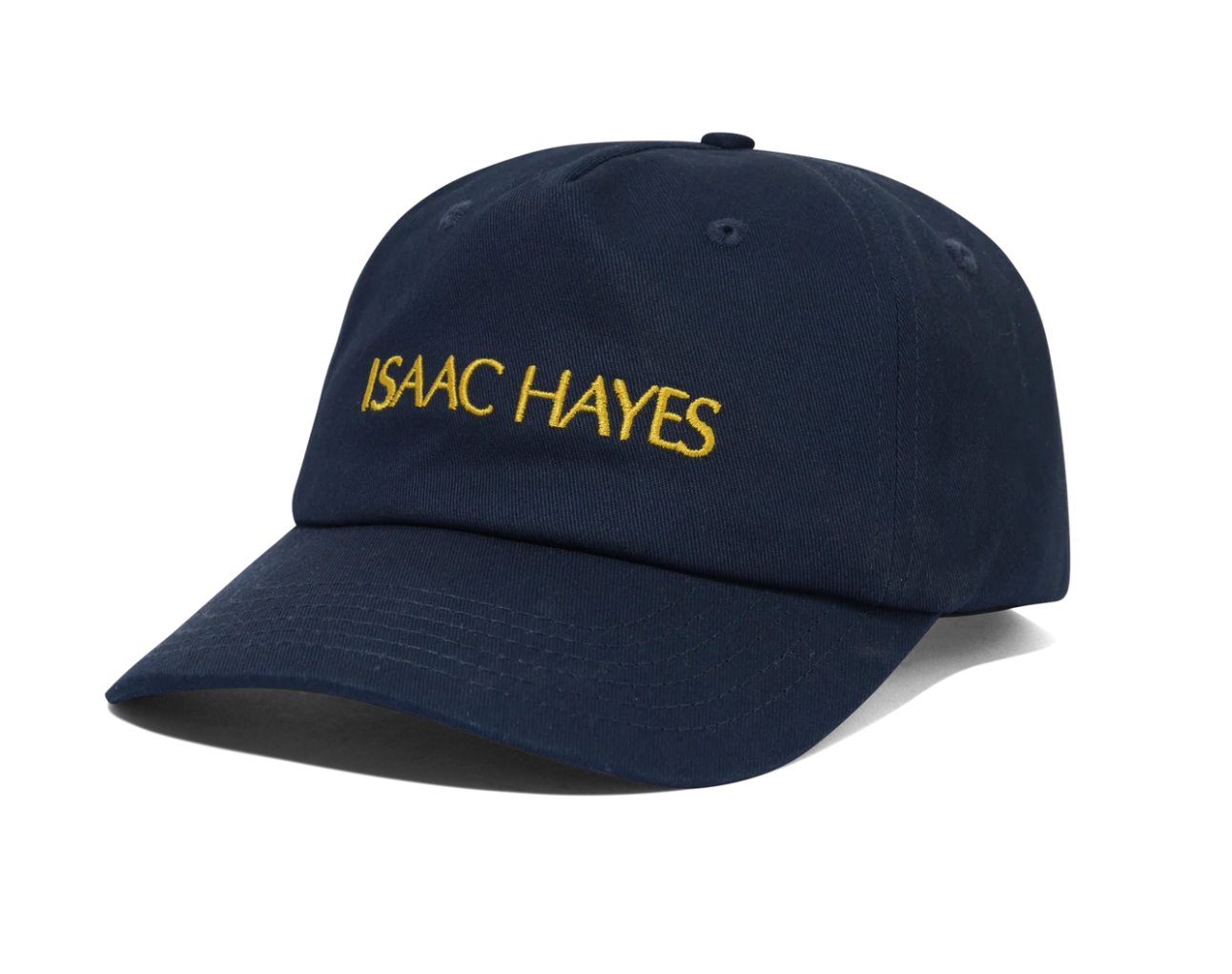 A navy blue baseball cap with 'ISAAC HAYES' embroidered in yellow across the front, shown on a clean white background.