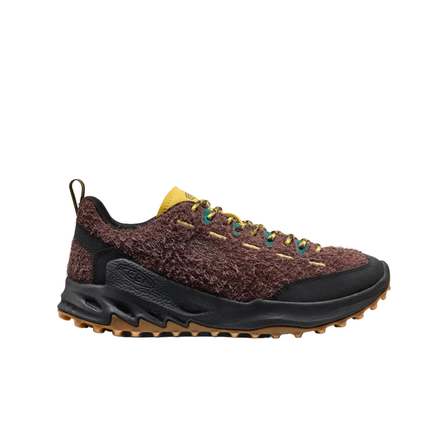 Brown and black Keen sneaker with yellow accents on a white background