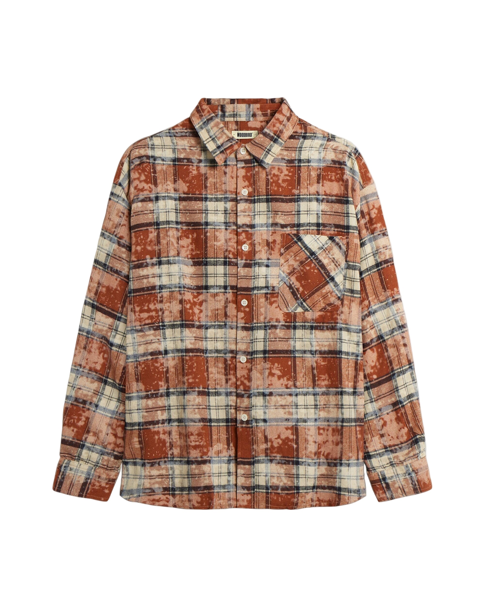 Plaid shirt with earthy tones on a white background