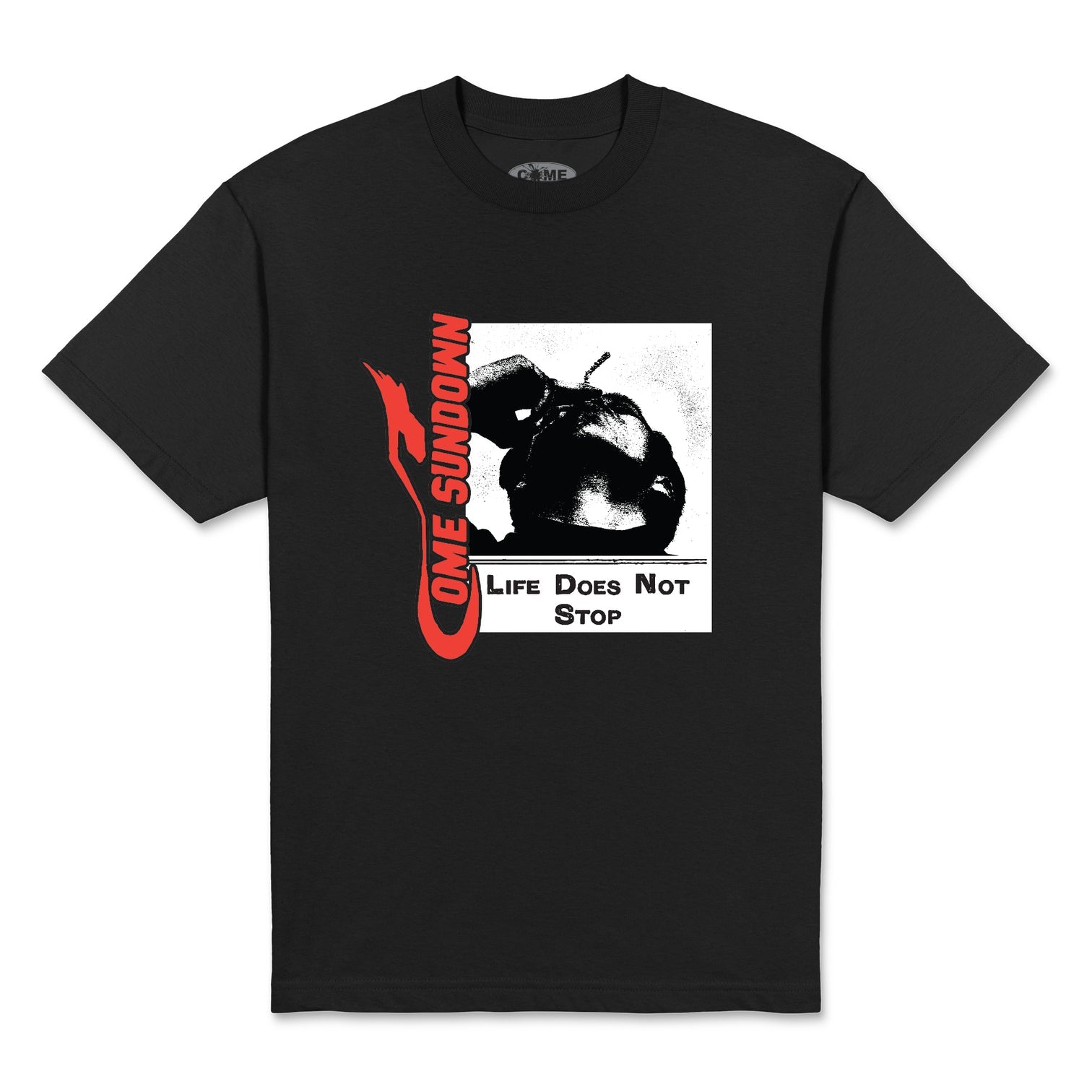 Black t-shirt with graphic design and text on a white background