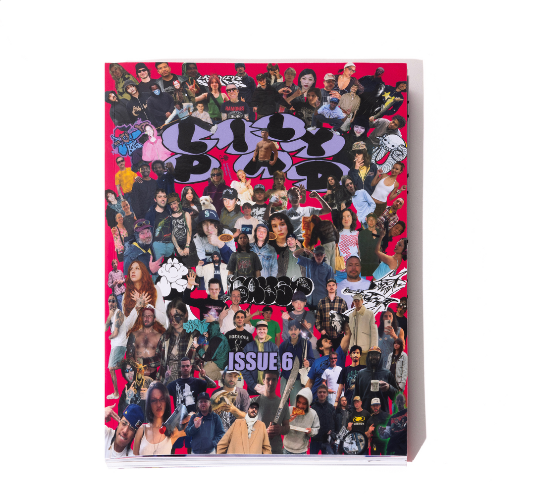 Magazine cover with collage of people and text 'Issue 6' on a pink background