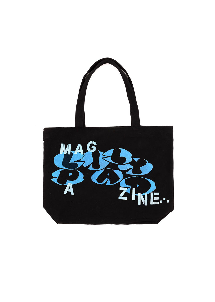 Black tote bag with blue and white text on a white background
