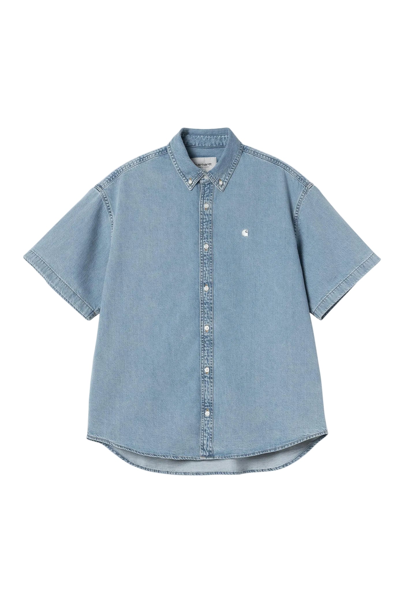 Light blue denim shirt on a white background