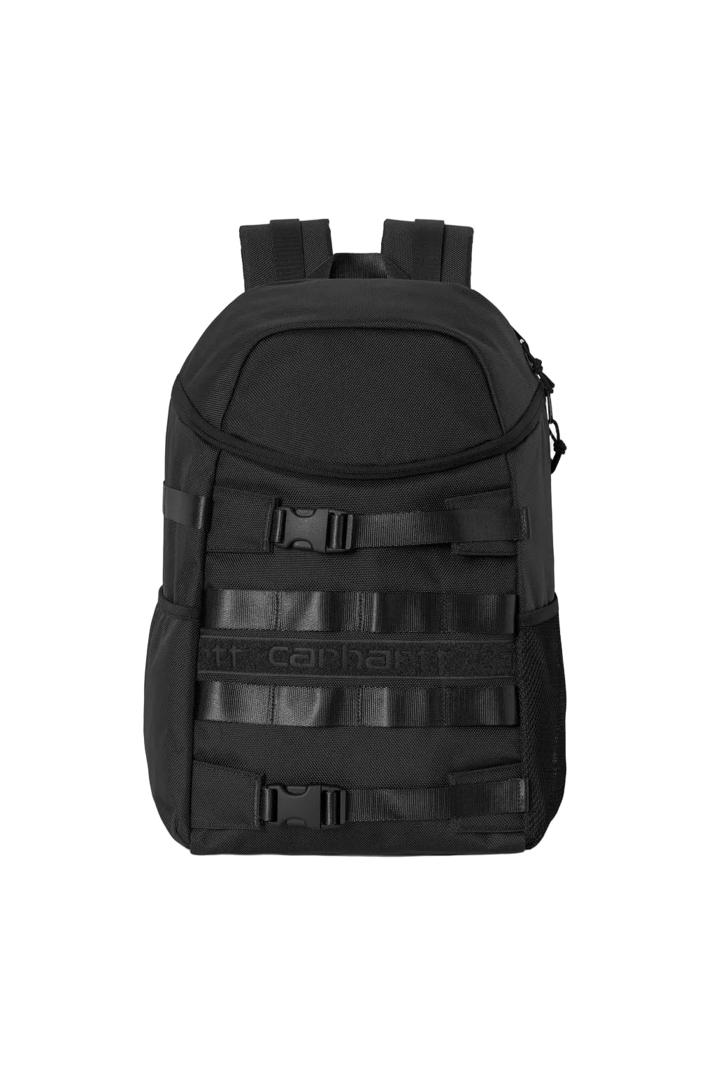 Black carhartt wip backpack with visible branding on a white background