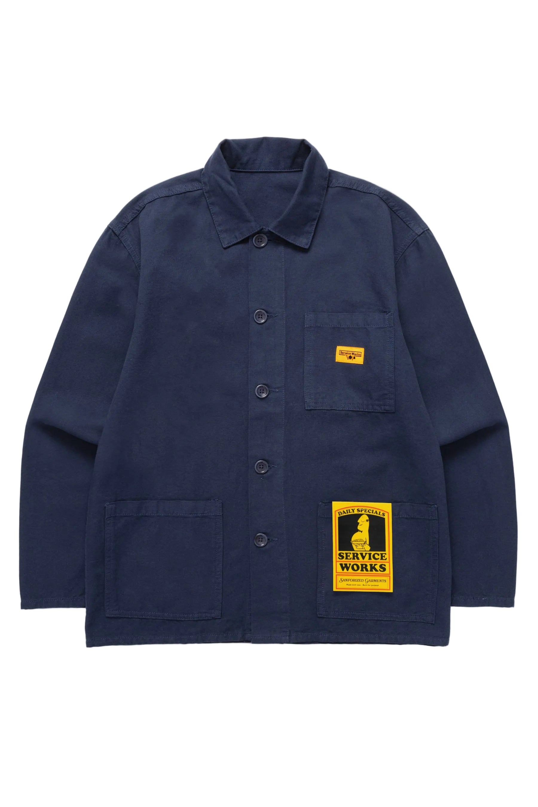 service works chore shirt jacket in dark navy cotton canvas with 3 pockets and 5 button opening. 