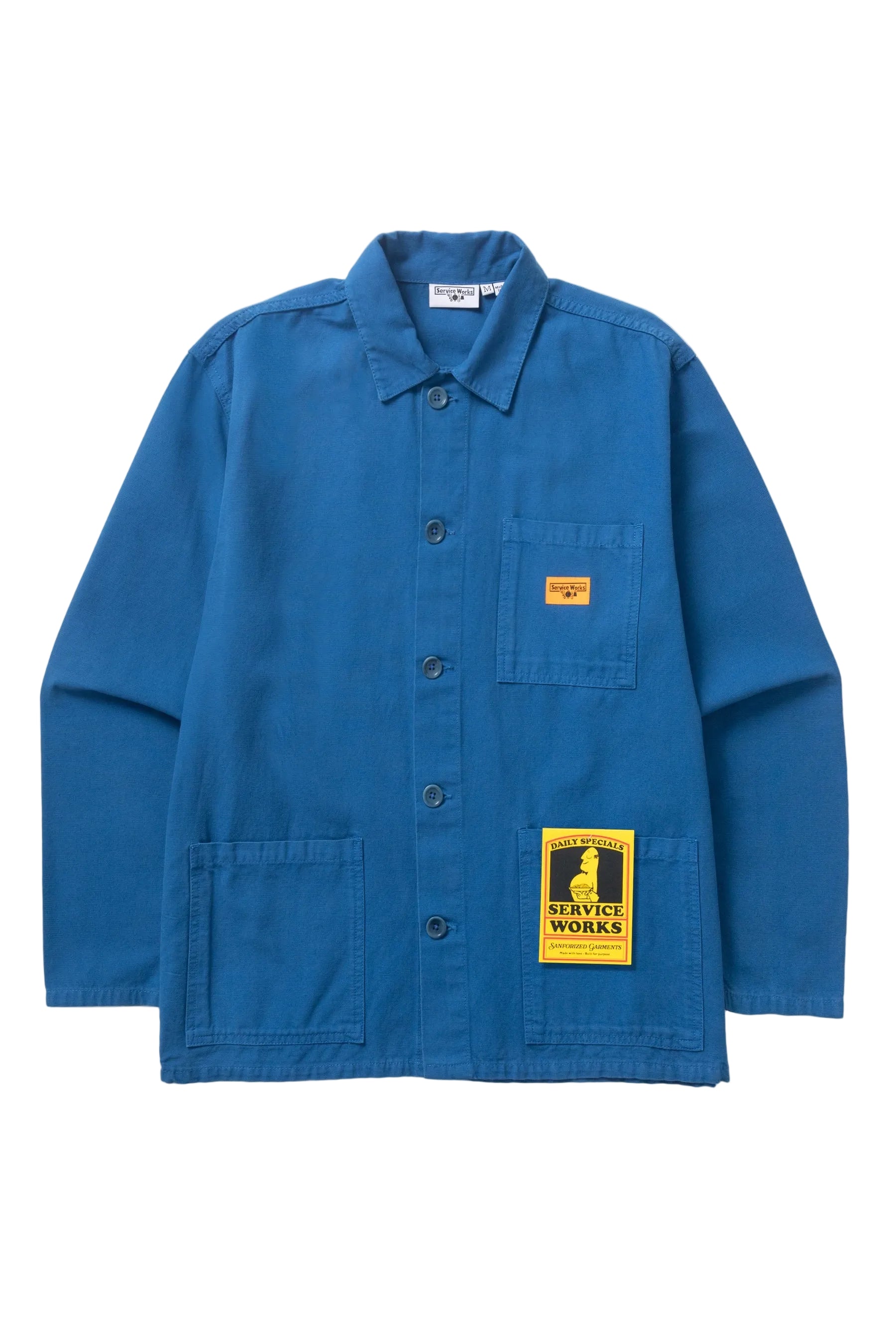 service works chore classic french work  jacket in cobalt blue withj three front pockets and 5 button closure. 
