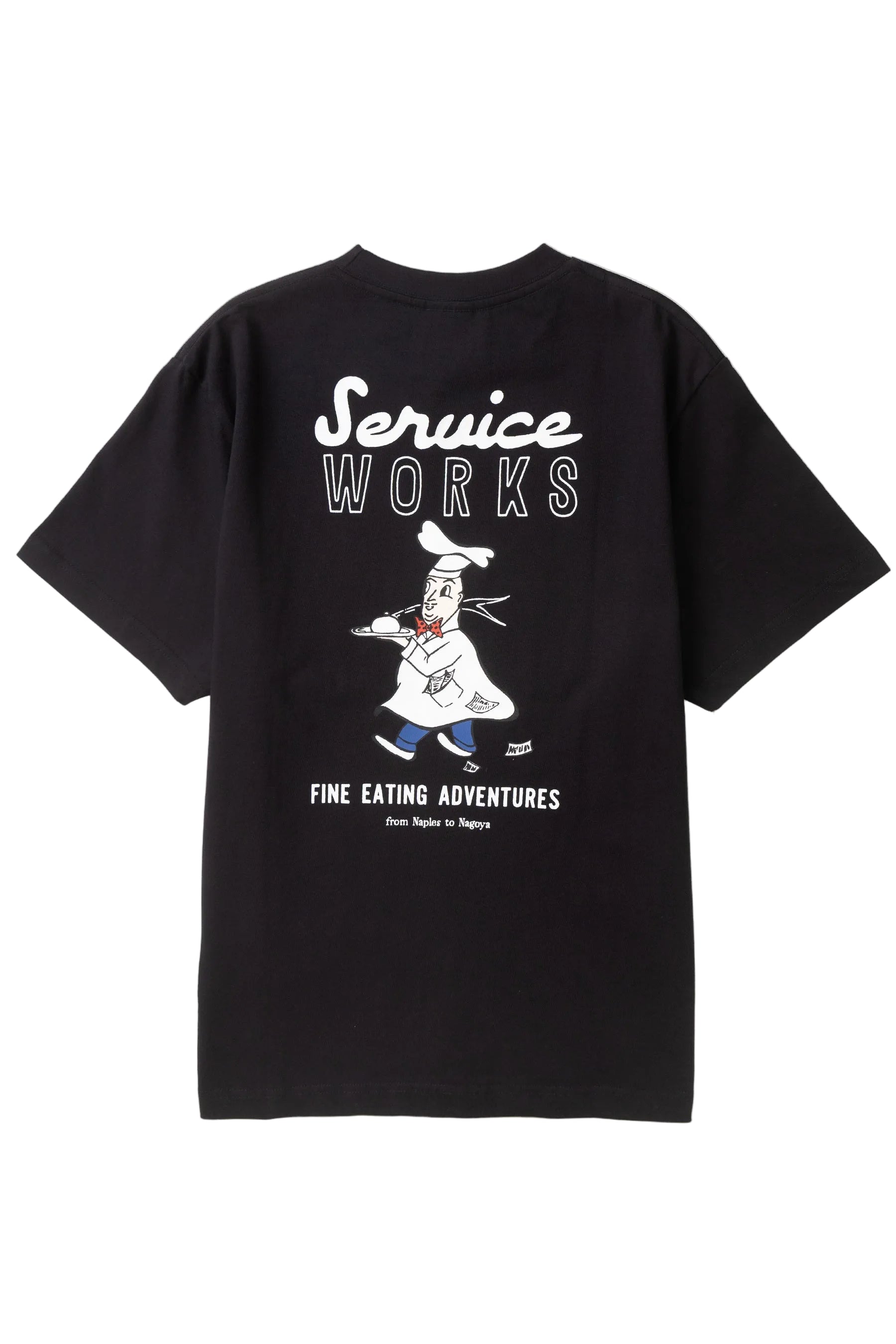 eating adventures with service works in black cotton. featuring a cartoon chef about to serve a meal in a classic chef hat. 
