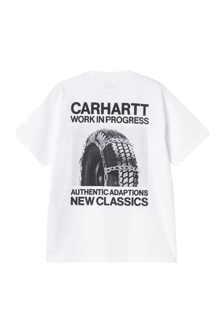 White sweatshirt with Carhartt branding and tire graphic on a white background