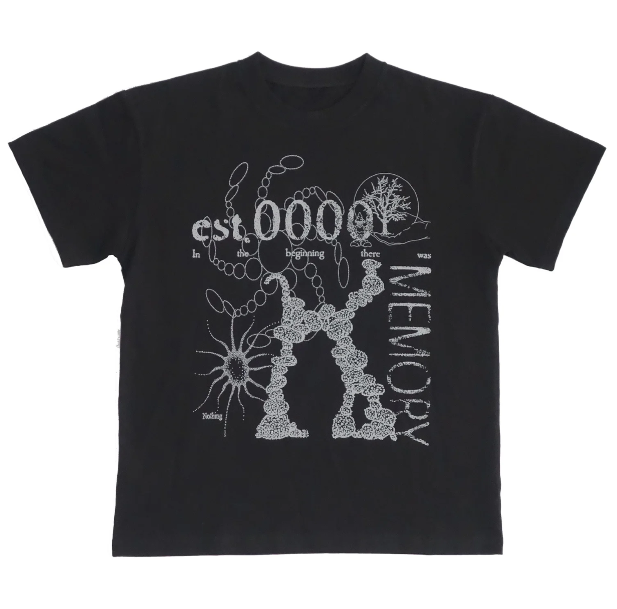 A black short-sleeve t-shirt with a white graphic print on the front featuring a stylized figure made of neurons, the text 'est. 00001', 'MEMORY', and 'Sakai', on a plain white background.
