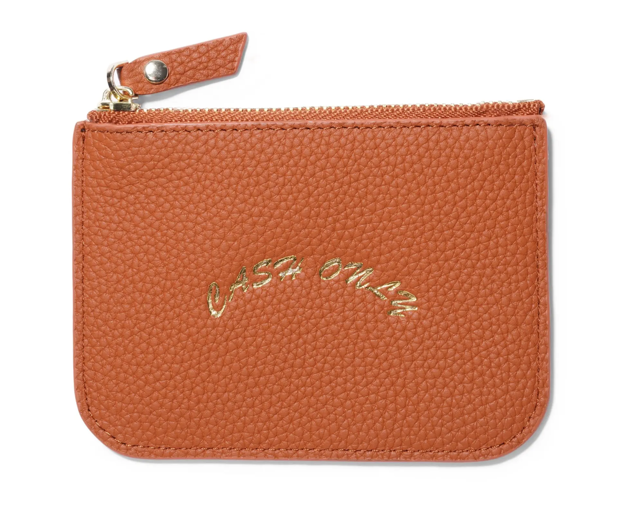 Brown leather pouch with 'Cash only' embroidery on a white background