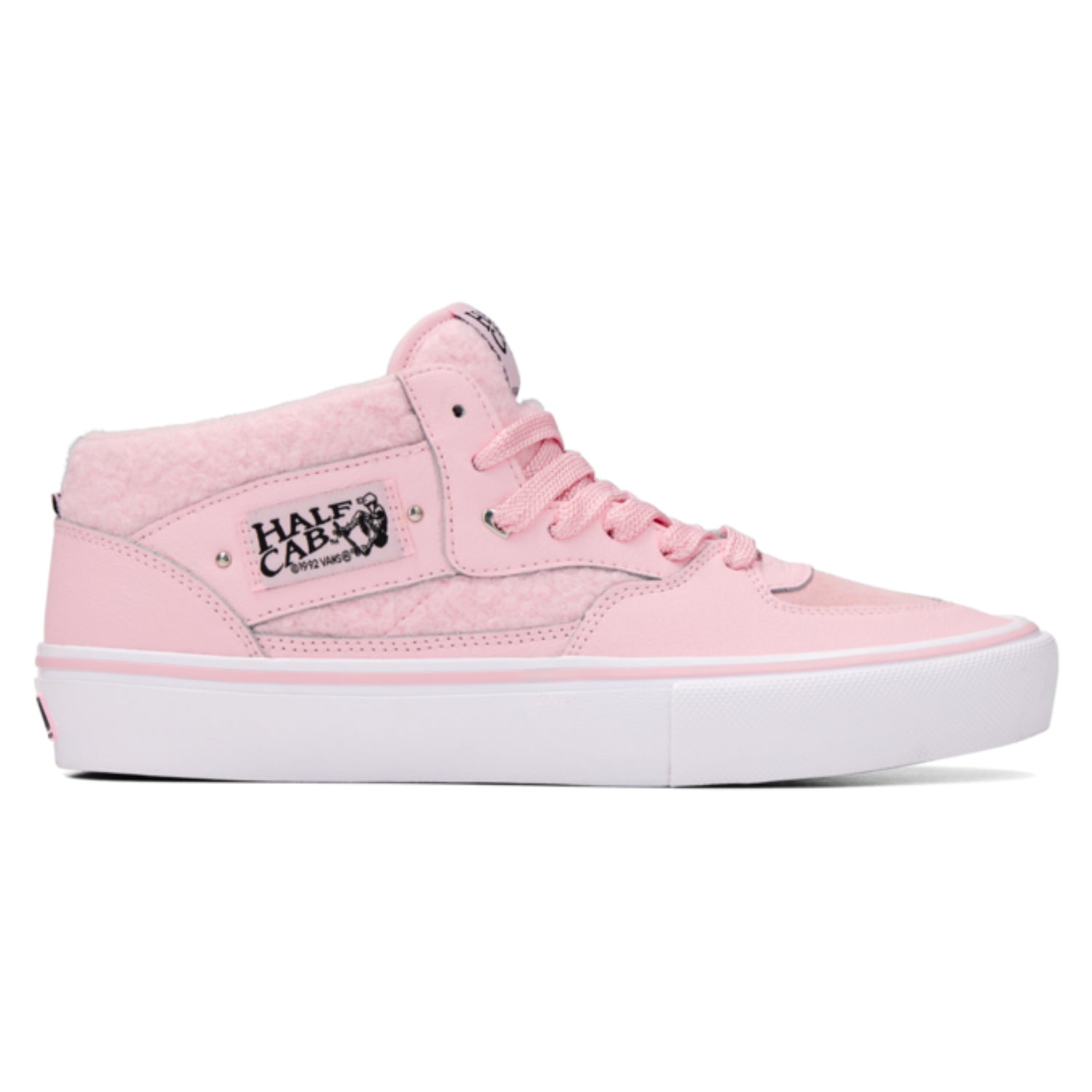 Pink high-top sneaker with a brand logo on a white background