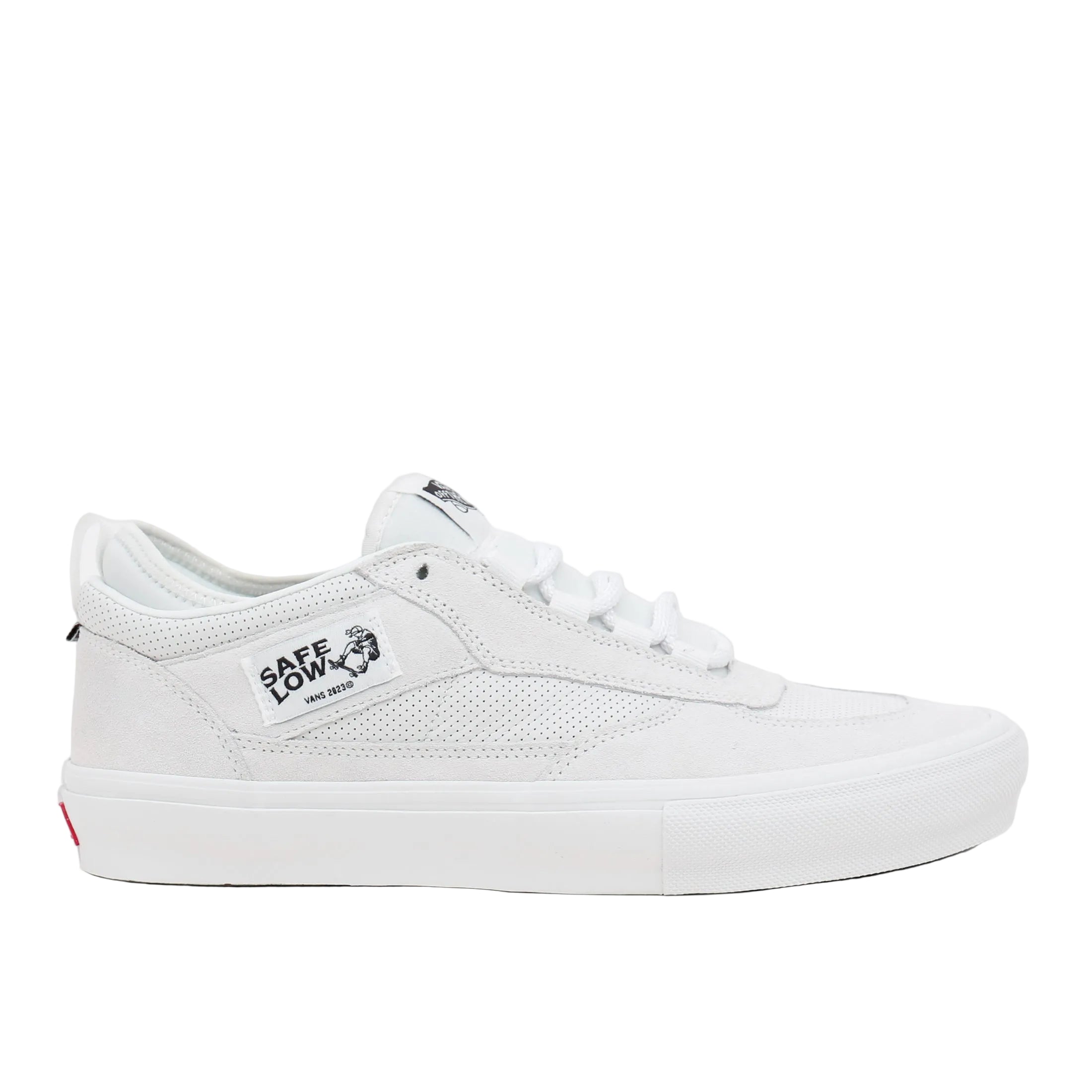 White sneaker with a brand logo on a light gray background